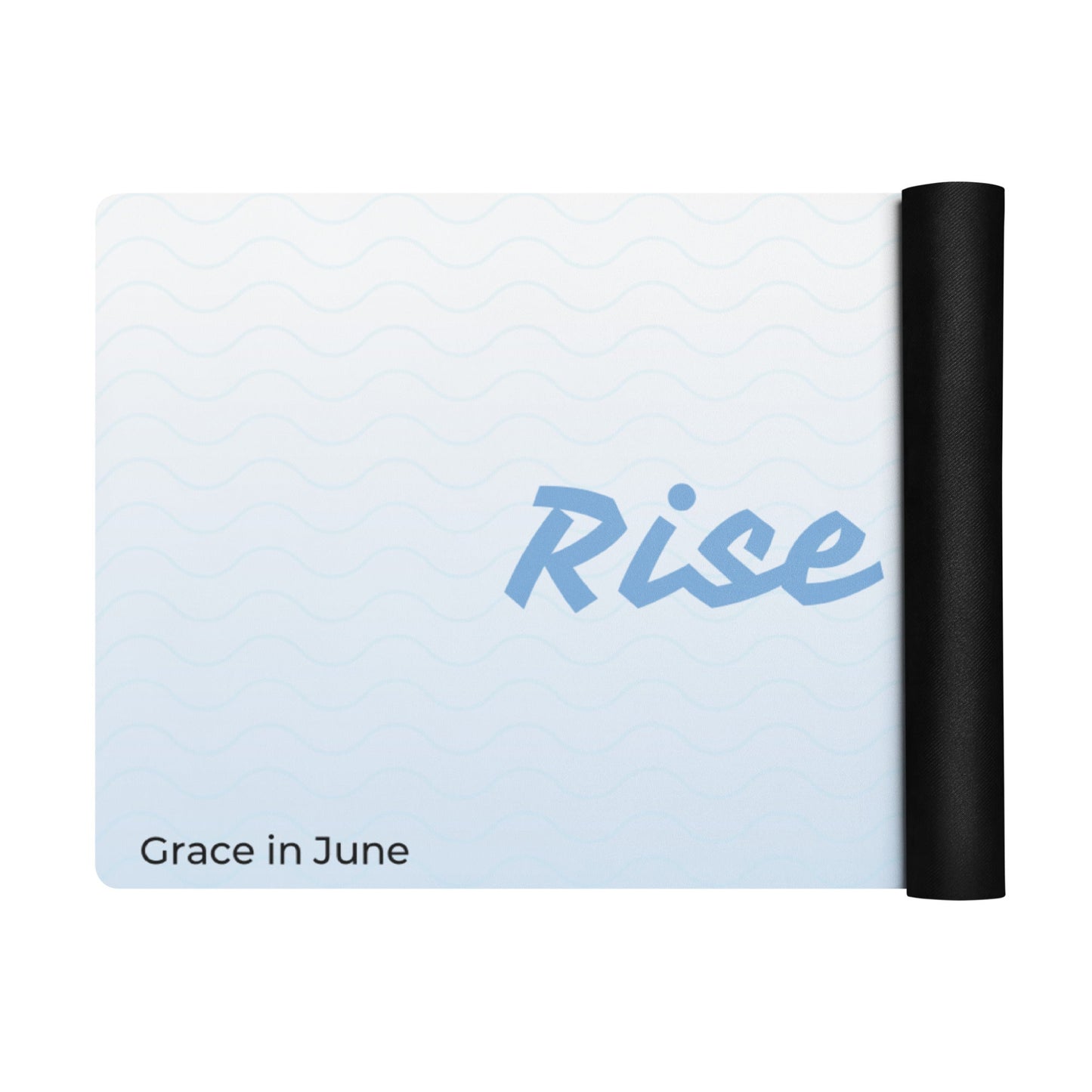 Light blue gradient premium yoga mat with Rise and Grind text