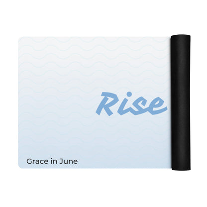 Light blue gradient premium yoga mat with Rise and Grind text