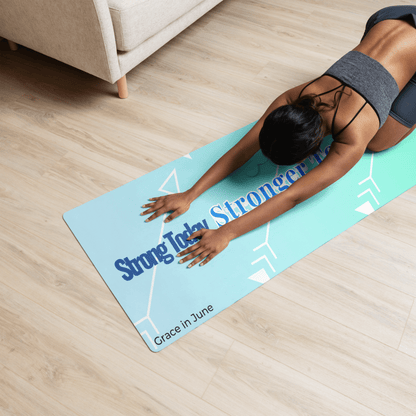 Light blue and turquoise gradient premium yoga mat with Strong Today Stronger Tomorrow text