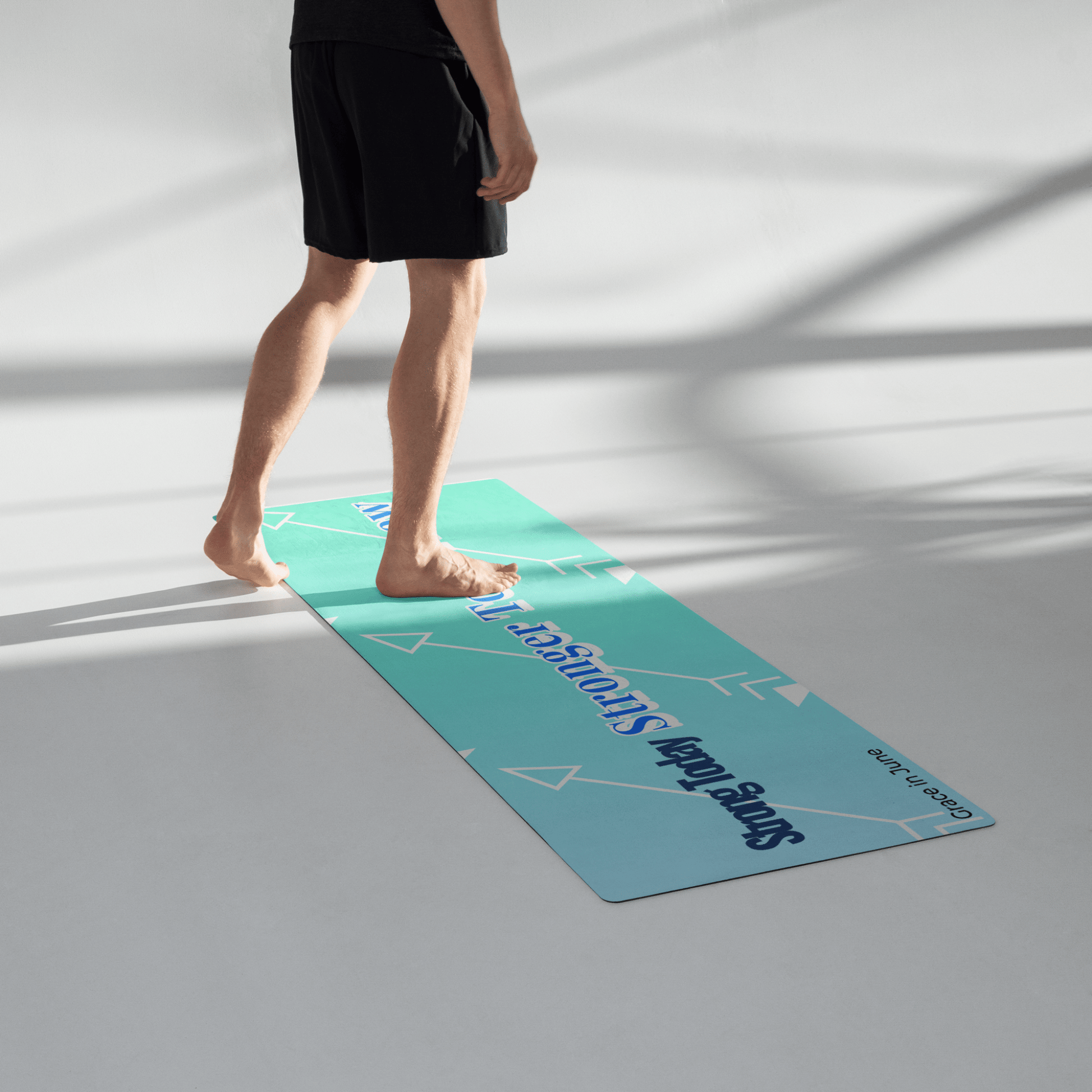 Light blue and turquoise gradient premium yoga mat with Strong Today Stronger Tomorrow text