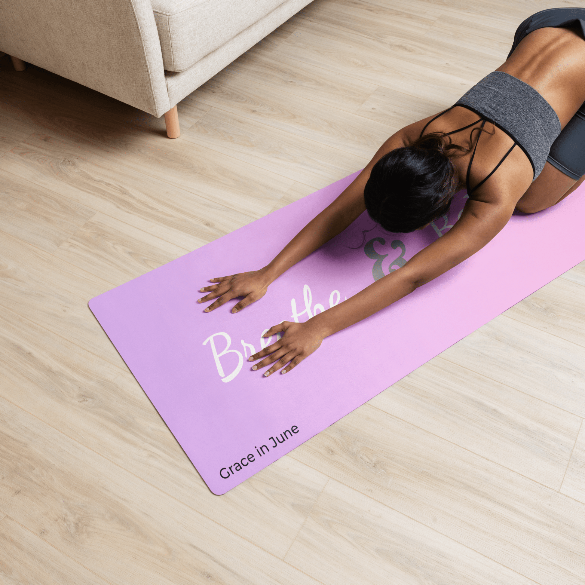 Pink and Purple gradient premium yoga mat with Breathe & Believe text