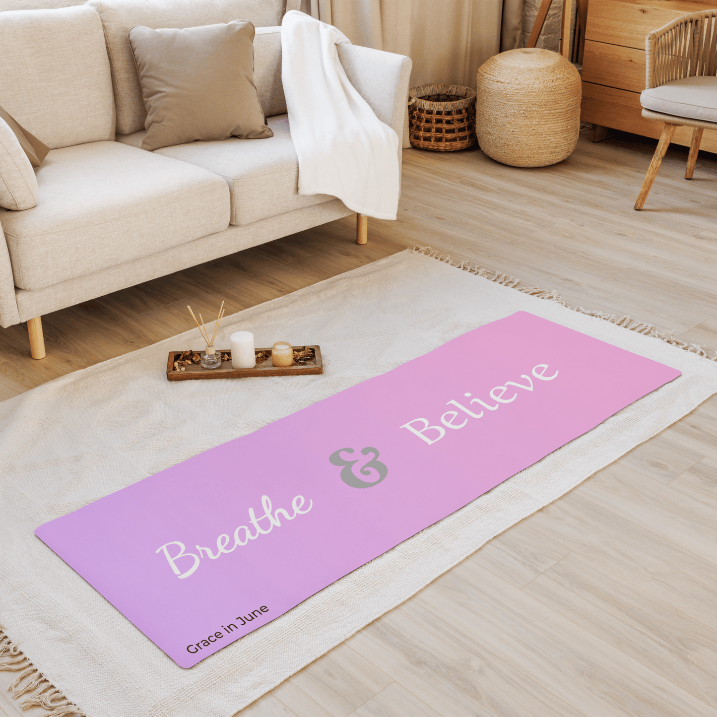 Pink and Purple gradient premium yoga mat with Breathe & Believe text