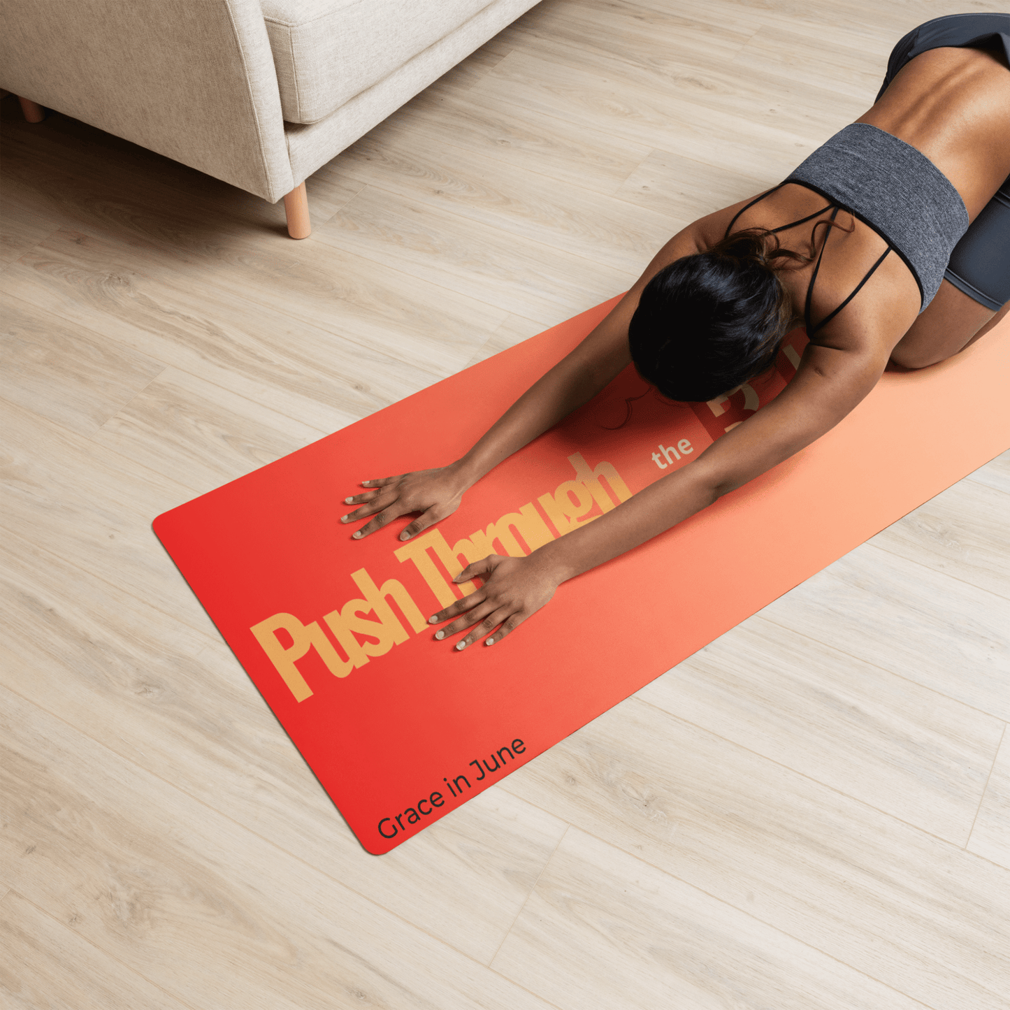 Red and orange gradient premium yoga mat with Push Through the Burn text