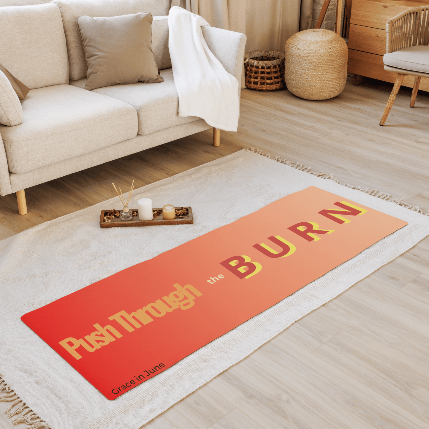 Red and orange gradient premium yoga mat with Push Through the Burn text